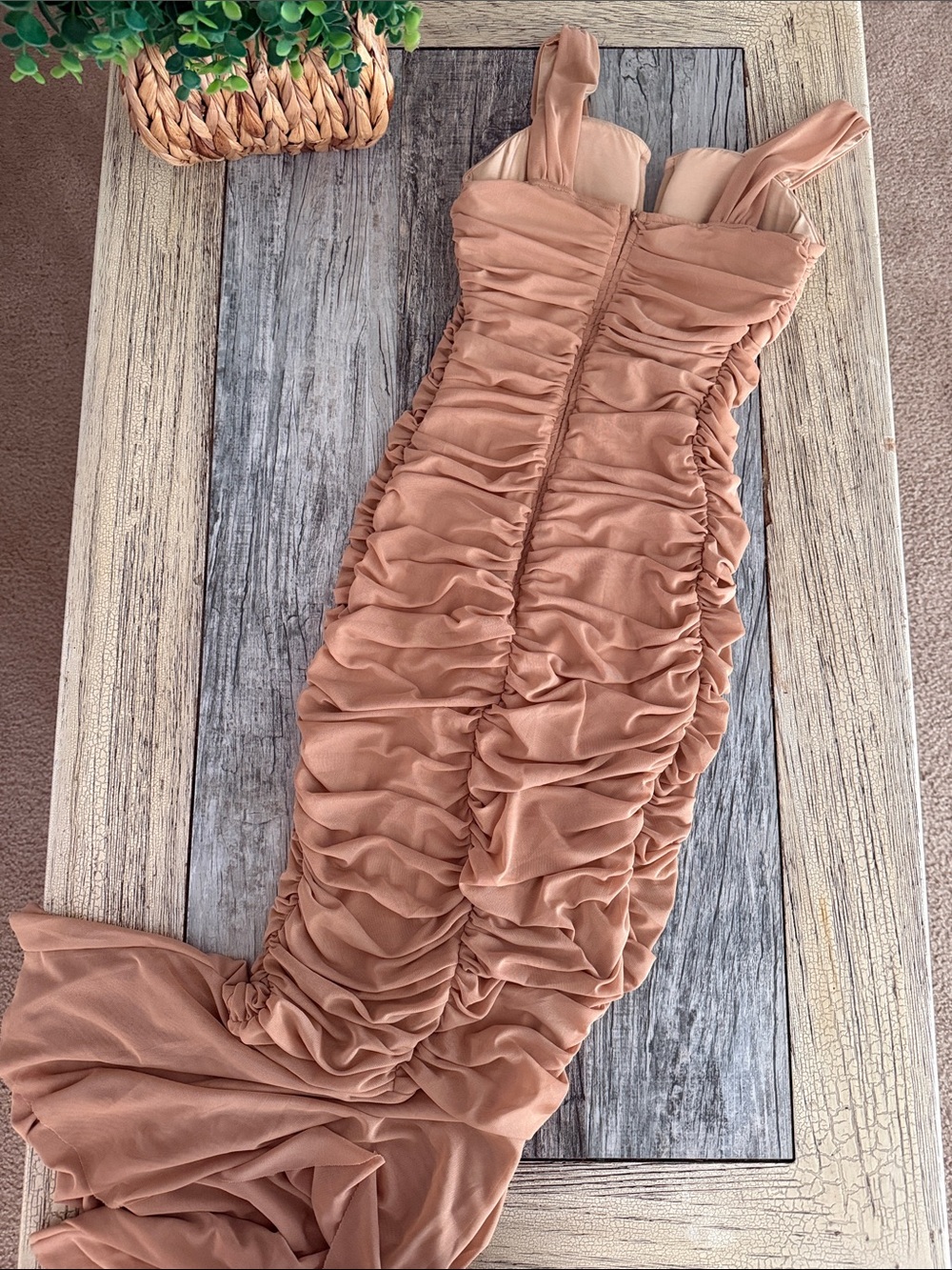 Ruched Bodycon Maxi Dress in Taupe - Picture 2 of 4